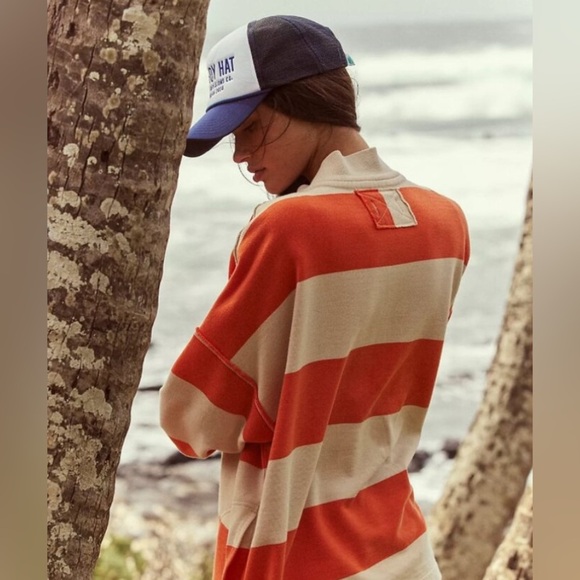 #65 NWT Free People Seaside Funnel Pullover in Orange Combo - Picture 3 of 5